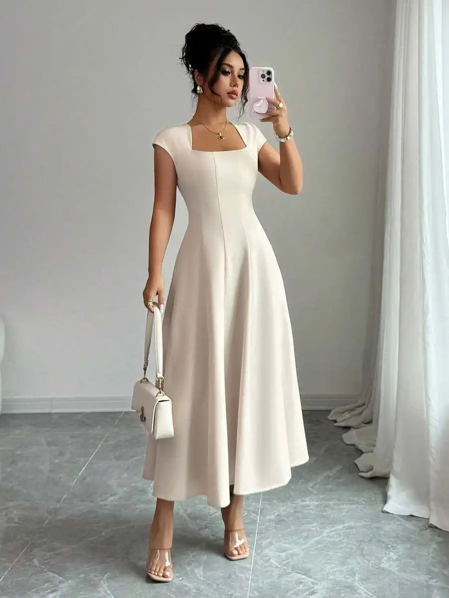 Elegant Cream White Square Neck Cinched Waist A-Line Midi Dress