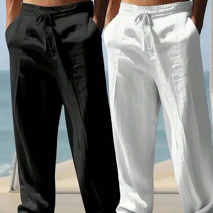 MenS Loose Fit Linen Casual Pants Elastic Waist Beige White