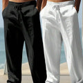 MenS Loose Fit Linen Casual Pants Elastic Waist Beige White