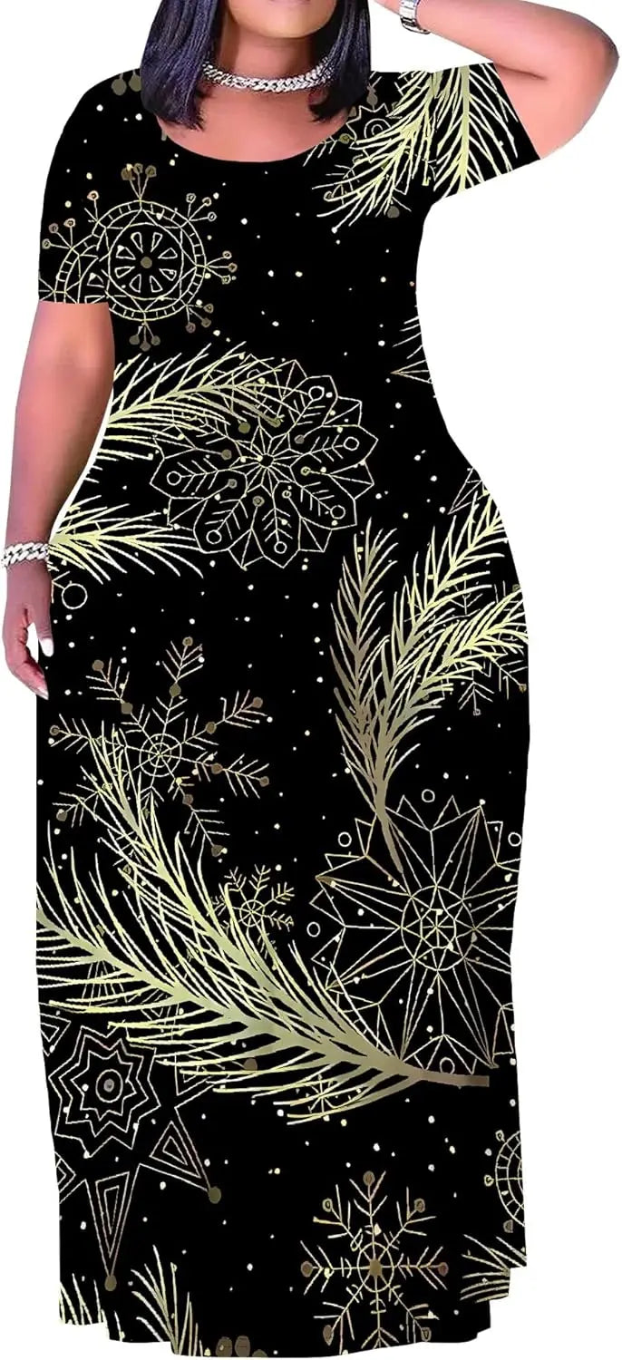 Plus Size Maxi Dress for Women Summer Casual Short Sleeve Tshirt Dresses with Pockets (XL-6XL)