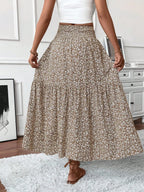 Womens Ditsy Floral A-Line Skirt With Pockets Elastic Waist Ruffle Hem