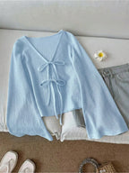 New loose and slimming versatile V-neck flared sleeves with lazy style and thin lace up cardigan jacket