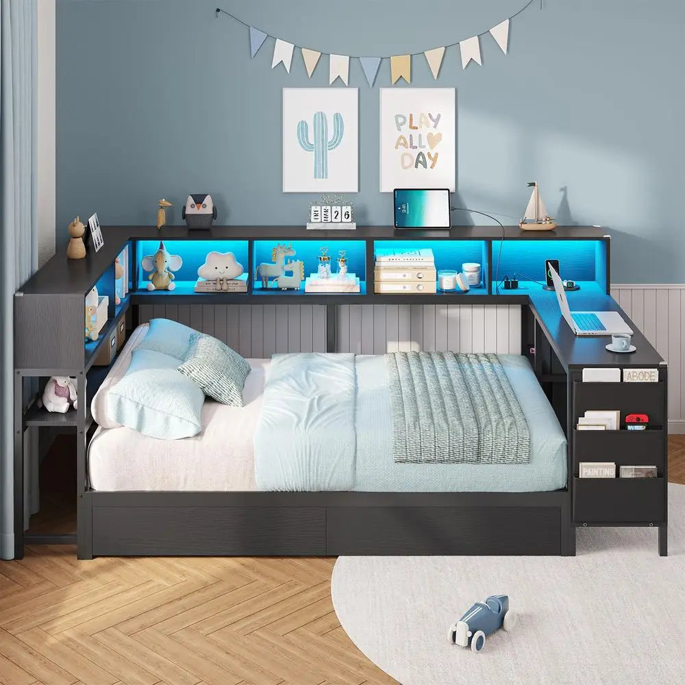 Corner Twin Bed Frame with Desk,Charging Station and Bookcase Storage Twin Size Daybed for Kids Teen with Storage Drawers,Led L