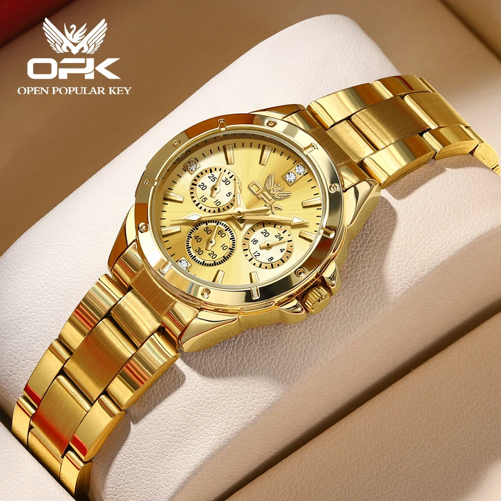 OPK 6001 Original Quartz Movement Elegance Watch For Women Chronograph Stainless Steel Three Simple Small Dials HD Luminous Function Life Waterproof Watch