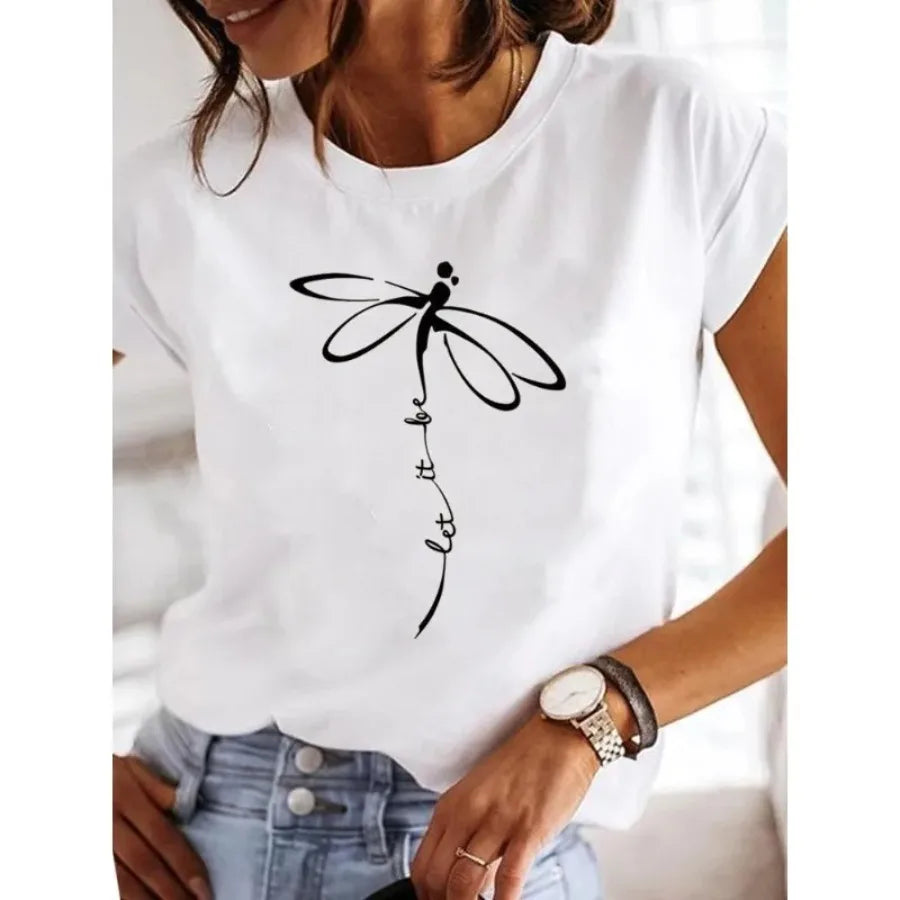 【New Arrival】Women's White Dragonfly Print Tee Let It Be Summer Casual Top