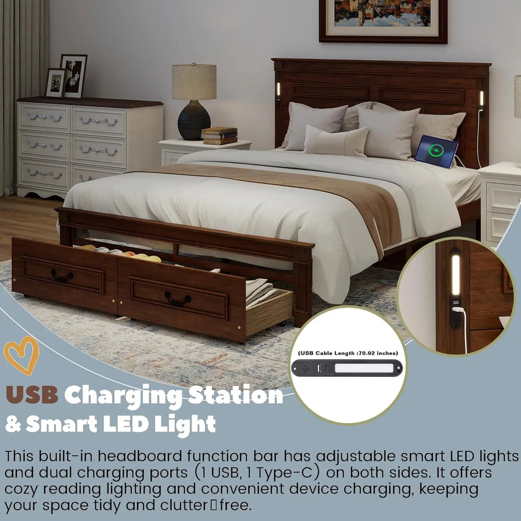 Farmhouse Queen Platform Bed Frame 46" Tall Headboard Solid Wood 2 Storage Drawers LED USB Charging No Box Spring Walnut Custom