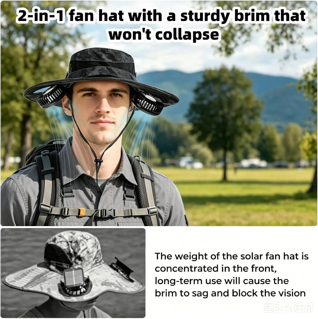 Unisex Rechargeable Hands Free Fan Bucket Hat UPF 50+ Waterproof Breathable Wide Brim Sun Hat Long Lasting Battery For Fishing Beach Gardening Safari