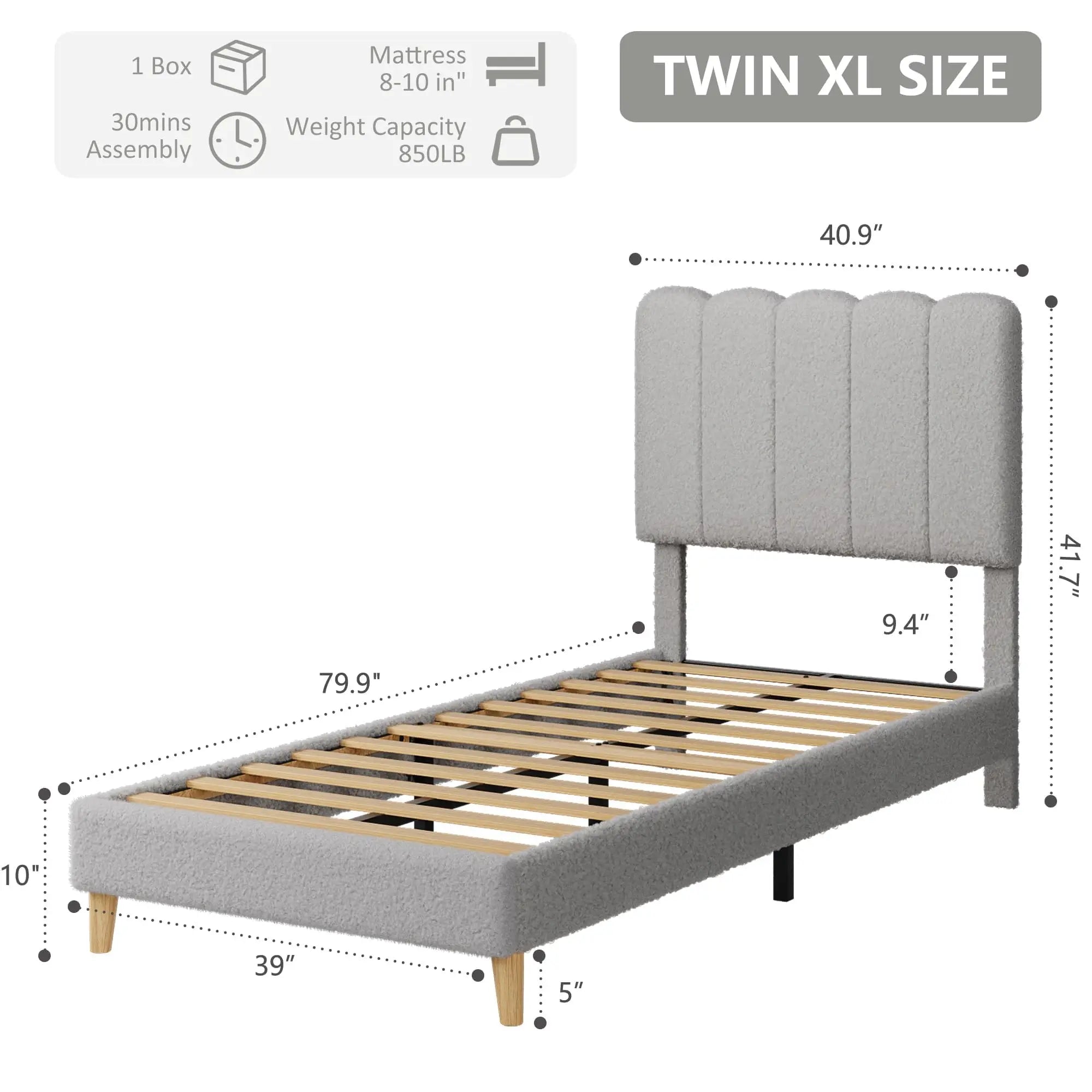 Upholstered Platform Bed Frame With Wave Headboard For Girls And Kids Sturdy Wooden Slats No Box Spring Needed Easy Assembly Twin XL Size Lambswool Light Gray