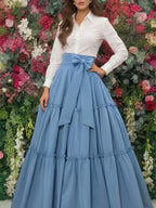 Maxi Skirt High Waist Bow Tiered Ruffle Flared Swing Long Skirt Outfit For Women Party Wedding Guest Elegant Wear
