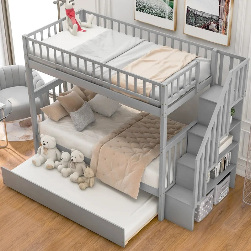 Gray Twin Over Twin Bunk Bed with Trundle and Storage