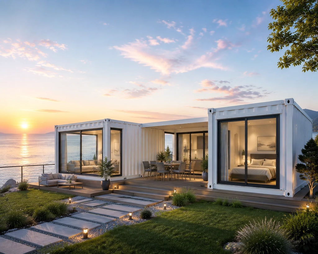 Tiny Expandable Container House Bedroom Bathroom Kitchen Off Grid Mountain Retreat Cabin Style Surrounded by Natural Forest View