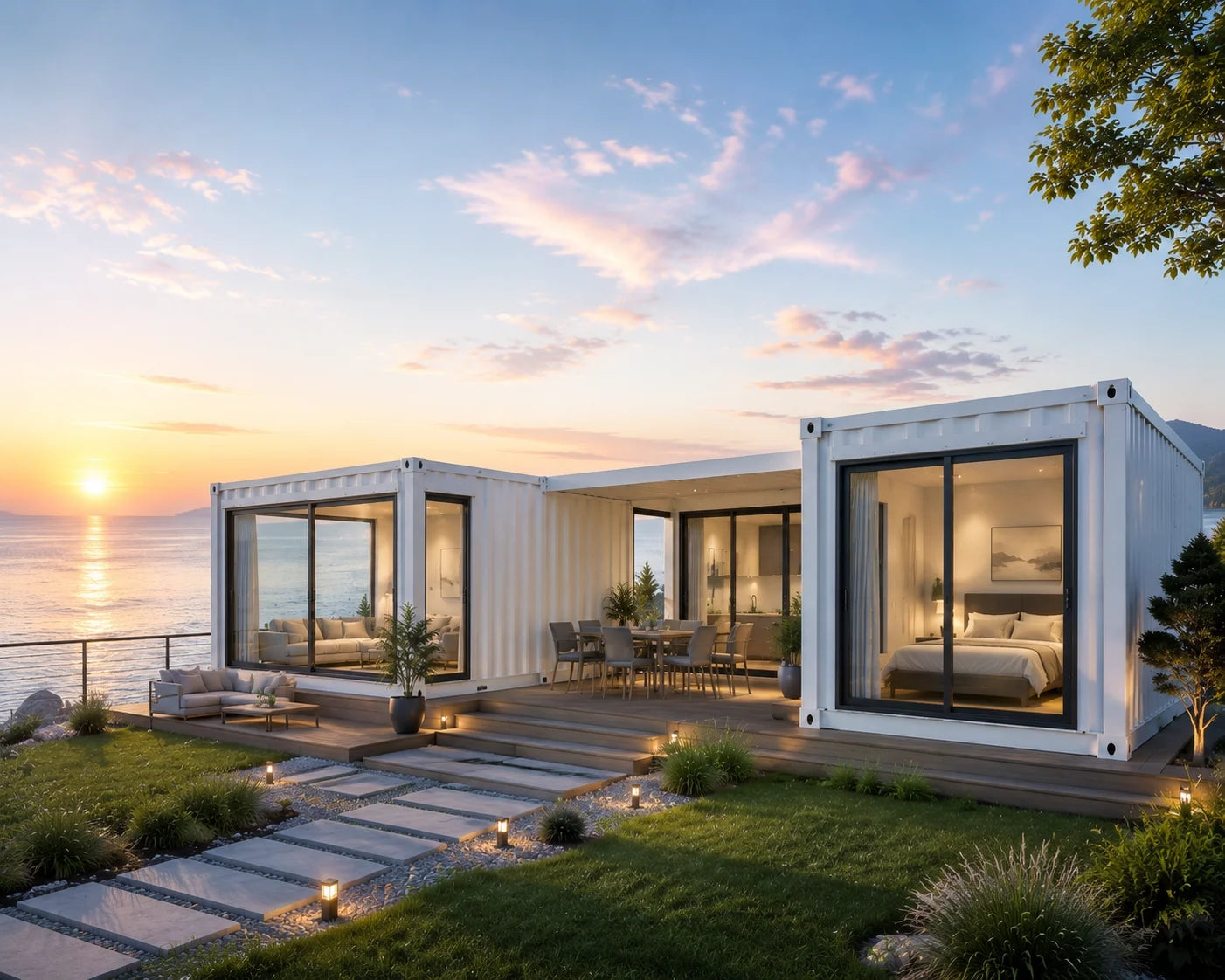 Tiny Expandable Container House Bedroom Bathroom Kitchen Off Grid Mountain Retreat Cabin Style Surrounded by Natural Forest View