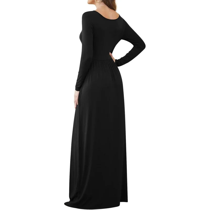 Women Casual Long Sleeve Maxi Dresses Empire Waist Long Dress with Pockets