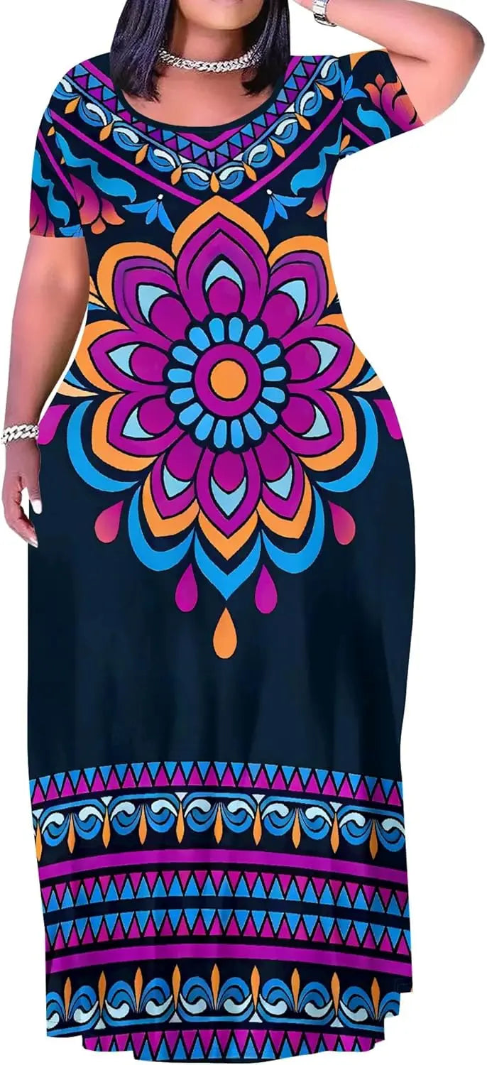 Plus Size Maxi Dress for Women Summer Casual Short Sleeve Tshirt Dresses with Pockets (XL-6XL)