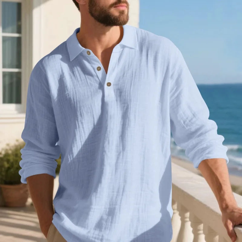 Men Vintage White Textured Linen Henley Polo Long Sleeve Shirt Lightweight Breathable Summer Beach Resort Relax Fit Daily Casual Office Tunic Shirts