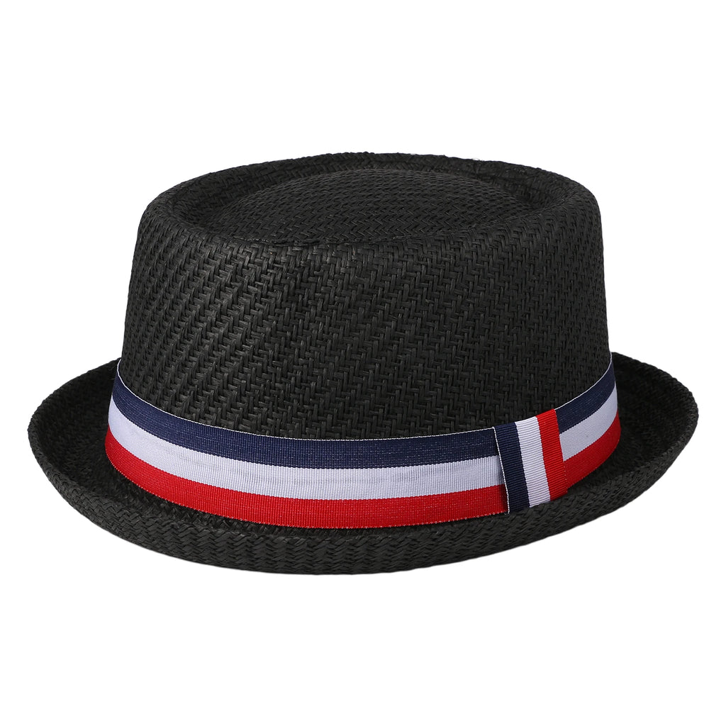 Red, white, and blue striped straw hat with rolled brim and decorative ribbon; retro casual jazz hat; unisex summer sun hat.
