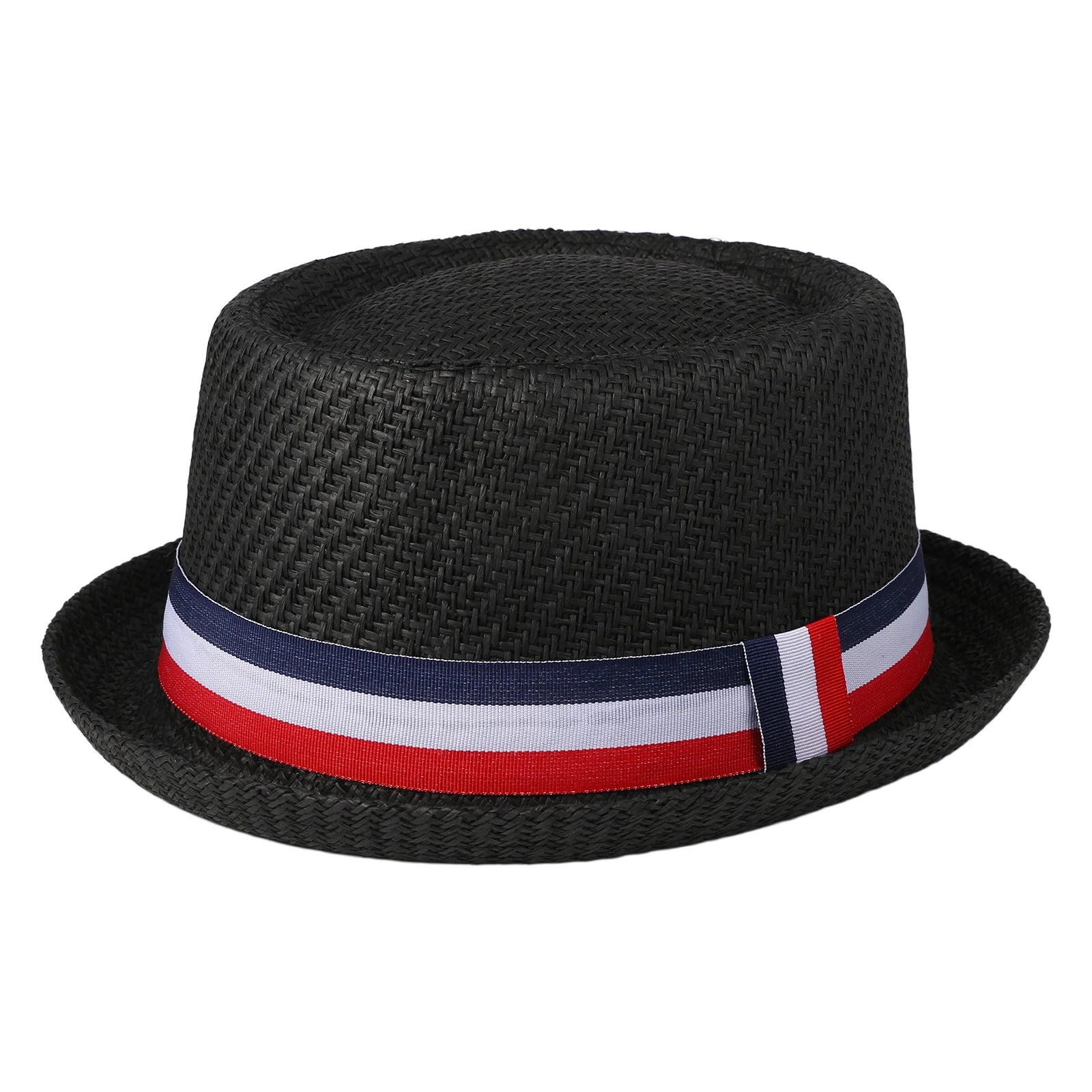 Red, white, and blue striped straw hat with rolled brim and decorative ribbon; retro casual jazz hat; unisex summer sun hat.