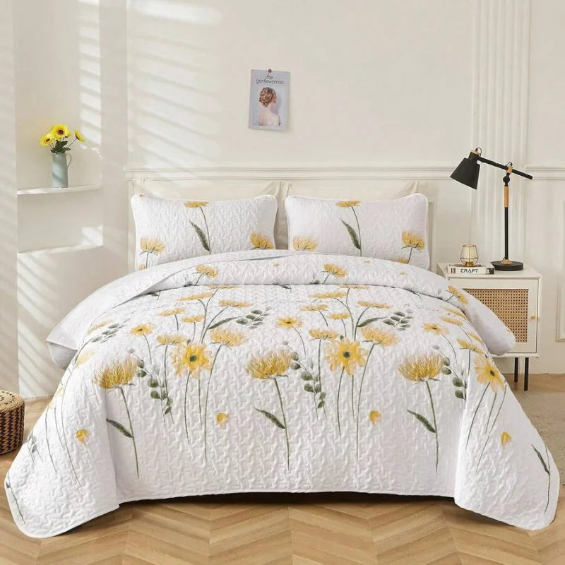 3 Pieces  Yellow Flower Quilt Set Twin Full Queen King Size, Paisley Patchwork Plaid Bedspread Bedding Sets  Coverlet Set.