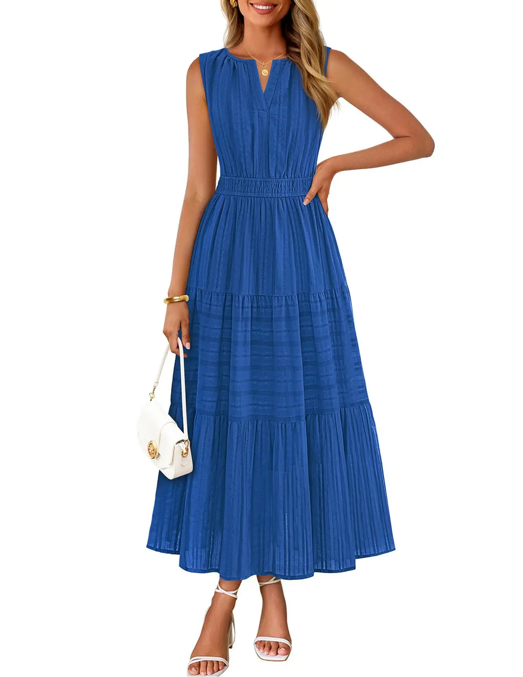 Womens Sleeveless V-Neck Boho Midi Maxi Dress With Pockets Casual Summer Beach Vacation Dress