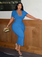 Women Plus Size V-Neck Short Sleeve Bodycon Midi Dress