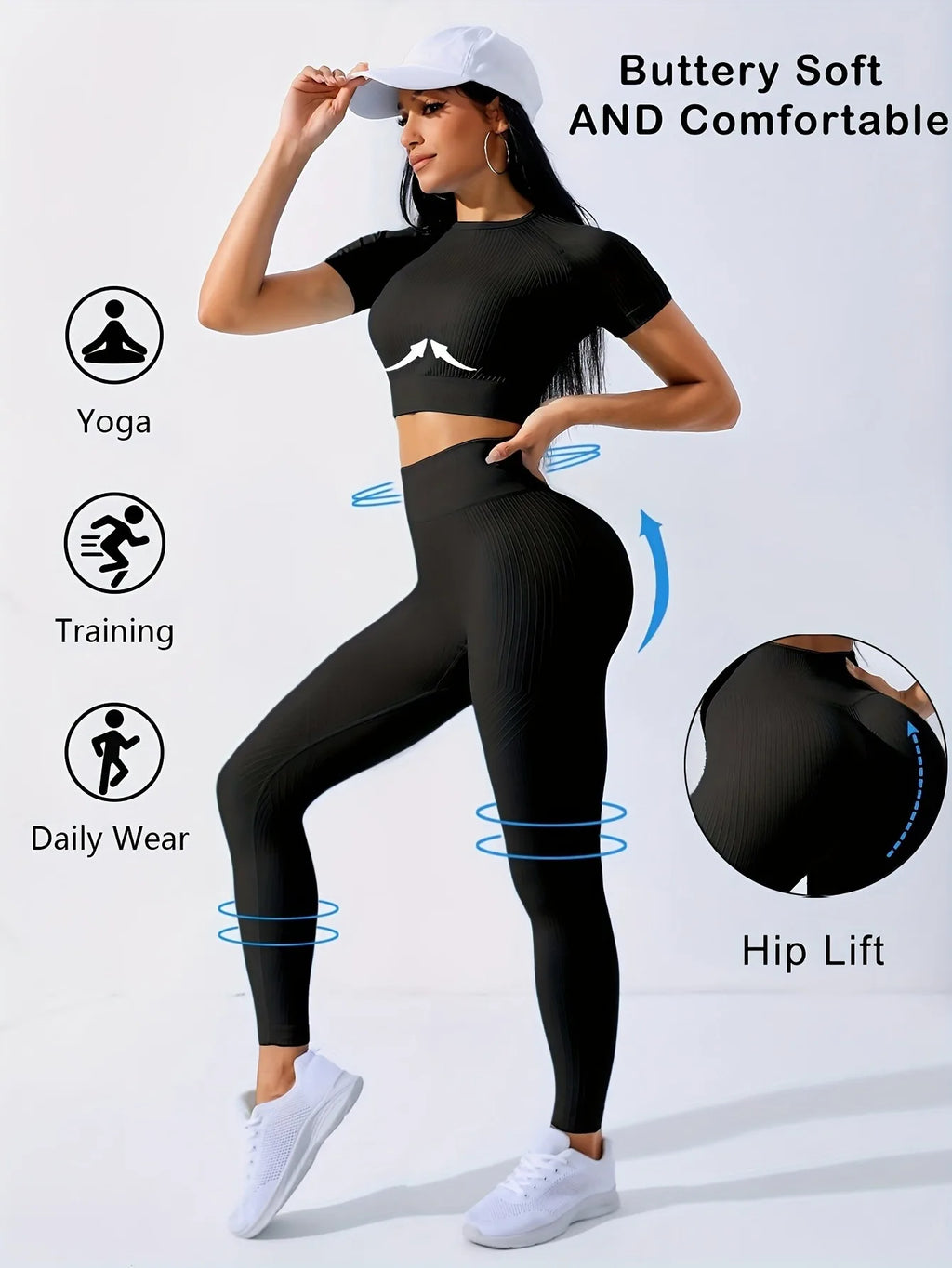 Workout Sets Outfits for Women – Yoga Leggings with Short Sleeve Crop Top, Slim Fit Tummy Control Butt Lifting Waist Shaping, Seamless Ribbed Texture, Breathable Soft Fabric, Non-Pilling, Perfect for Fall Winter Gym Yoga Ru