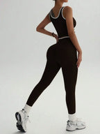 Women's High-Waisted Yoga & Fitness Set - Colorblocked Athletic Top And Leggings, Stretchy Polyester Blend, Perfect For Running
