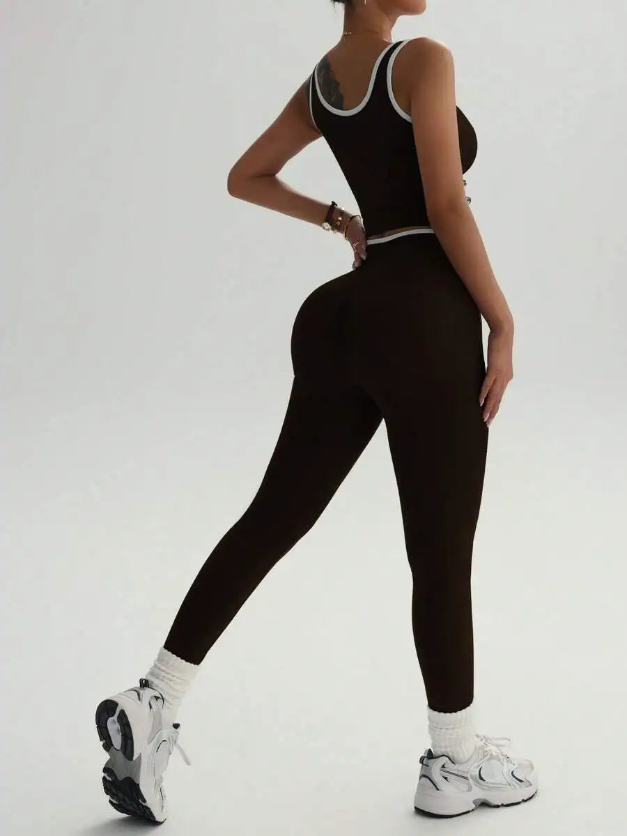 Women's High-Waisted Yoga & Fitness Set - Colorblocked Athletic Top And Leggings, Stretchy Polyester Blend, Perfect For Running