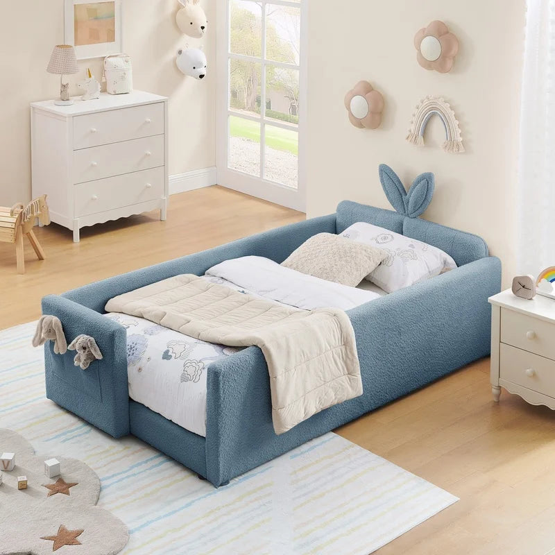 Twin Upholstered Platform Bed with Rabbit-Ear Headboard, Safety Rail, Pocket Storage, Boucle Fabric