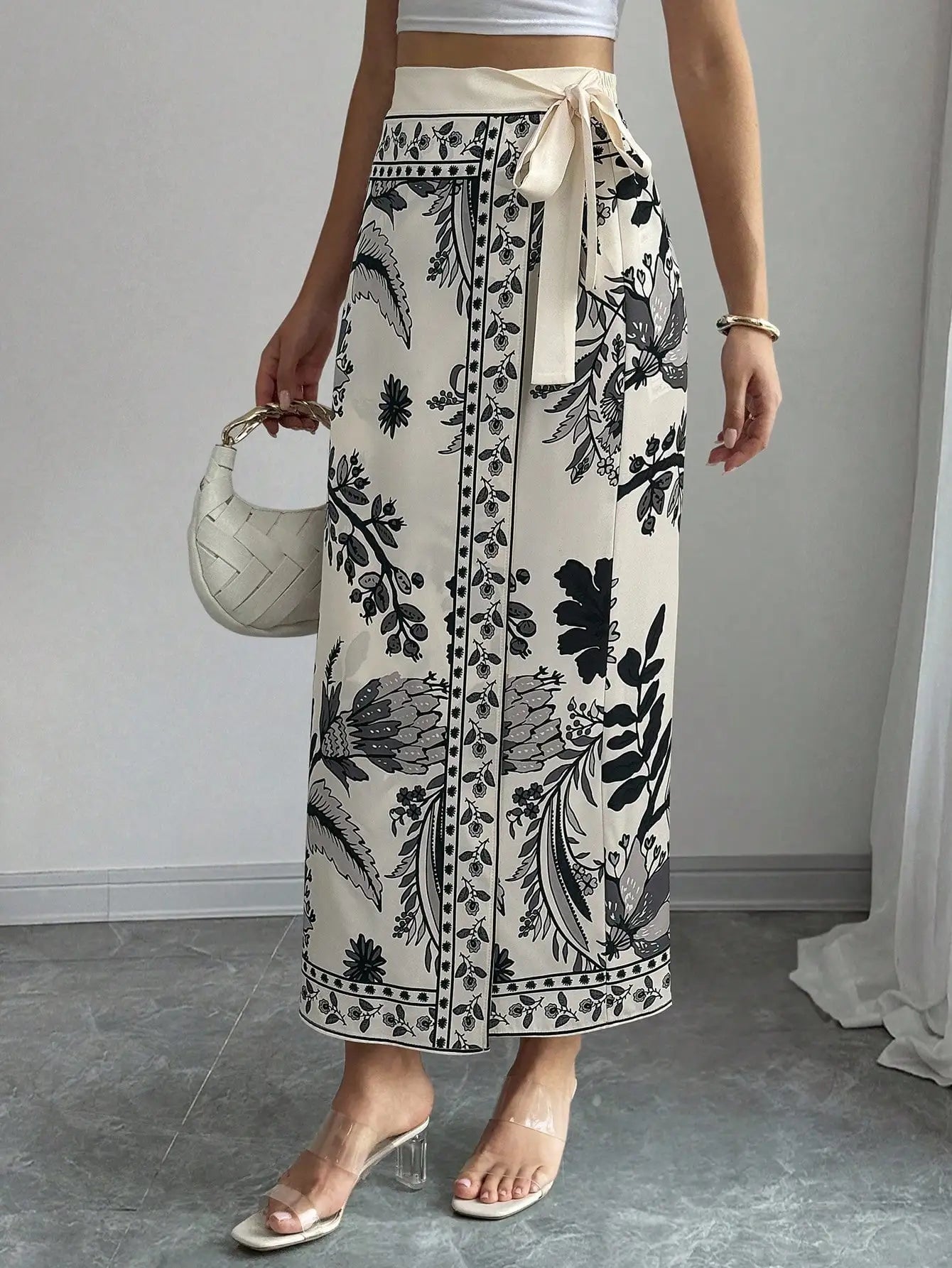 Elenzga Women's Elegant Floral Print Wrap Tie Straight Skirt, Vacation Style