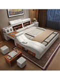 Genuine Leather Bed Frame with Massager, Storage, Safe, Speaker & LED Light, Soft Bed for Bedroom Furniture