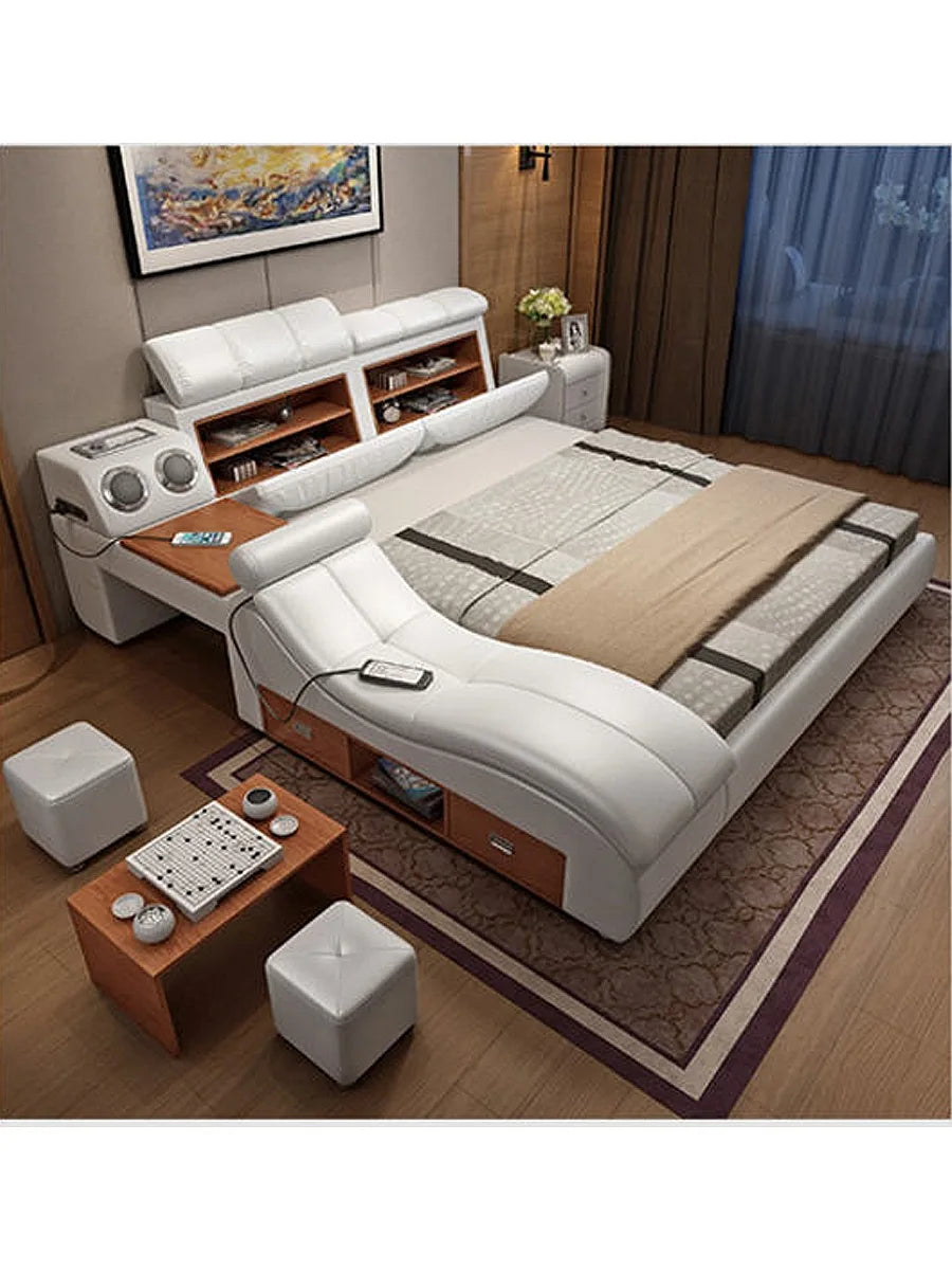 Genuine Leather Bed Frame with Massager, Storage, Safe, Speaker & LED Light, Soft Bed for Bedroom Furniture
