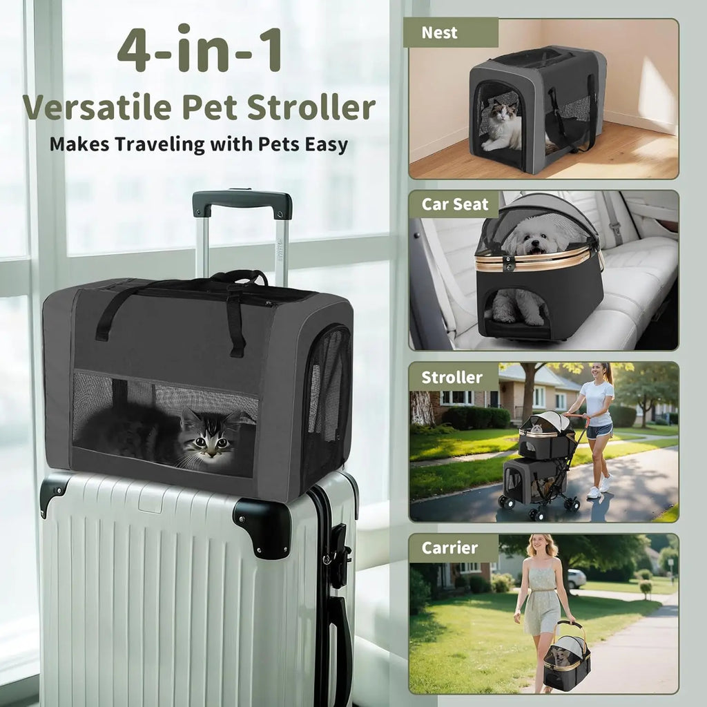 Travel Pet Stroller for Multi-Pet Homes, Detachable Carrier Material, Black, Foldable with Safety Belts and 4 Lockable Wheels