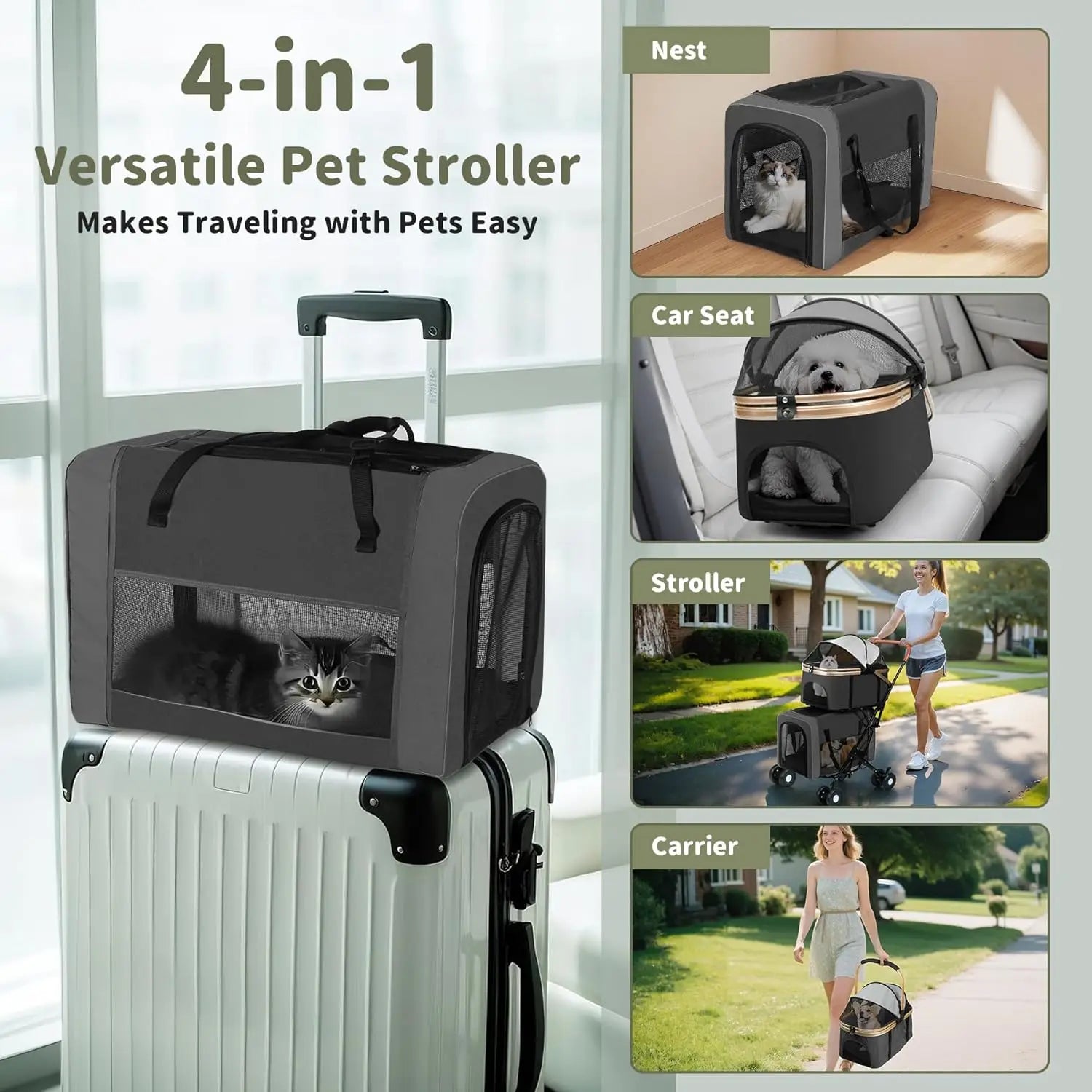 Travel Pet Stroller for Multi-Pet Homes, Detachable Carrier Material, Black, Foldable with Safety Belts and 4 Lockable Wheels