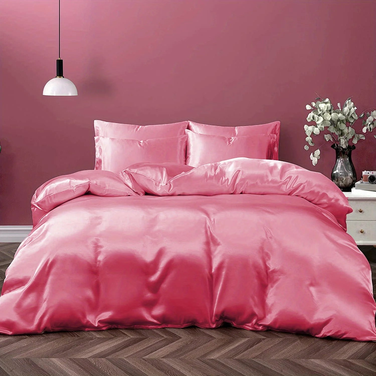 Satin Solid Color Ultra-Soft 3-Piece Duvet Cover Set, Cool and Super Soft Solid Color Bedding Set with Pillowcases, Skin-Friendly and Suitable for All Seasons, Bedroom Home Decor (Duvet Not Included)