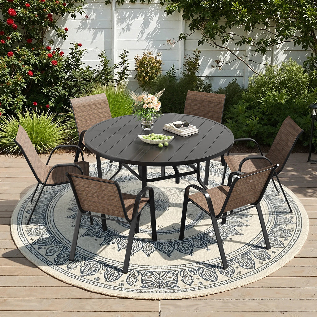 Farini 7-Piece Outdoor Dining Set for 6, Round Patio Table with 6 Chairs, Garden Furniture for Backyard, Deck