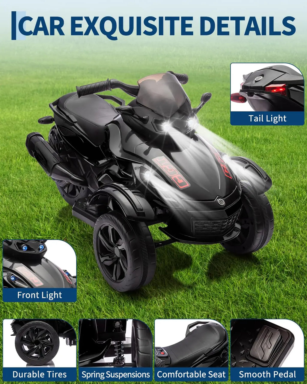 12V Dual Motor Kids Electric Ride-On Car – Up to 4 MPH, Music & Colorful Lights, 66 lbs Capacity, Outdoor 3-Wheels Battery Powered Vehicle Toy Tricycle for Boys & Girls Ages 3-6