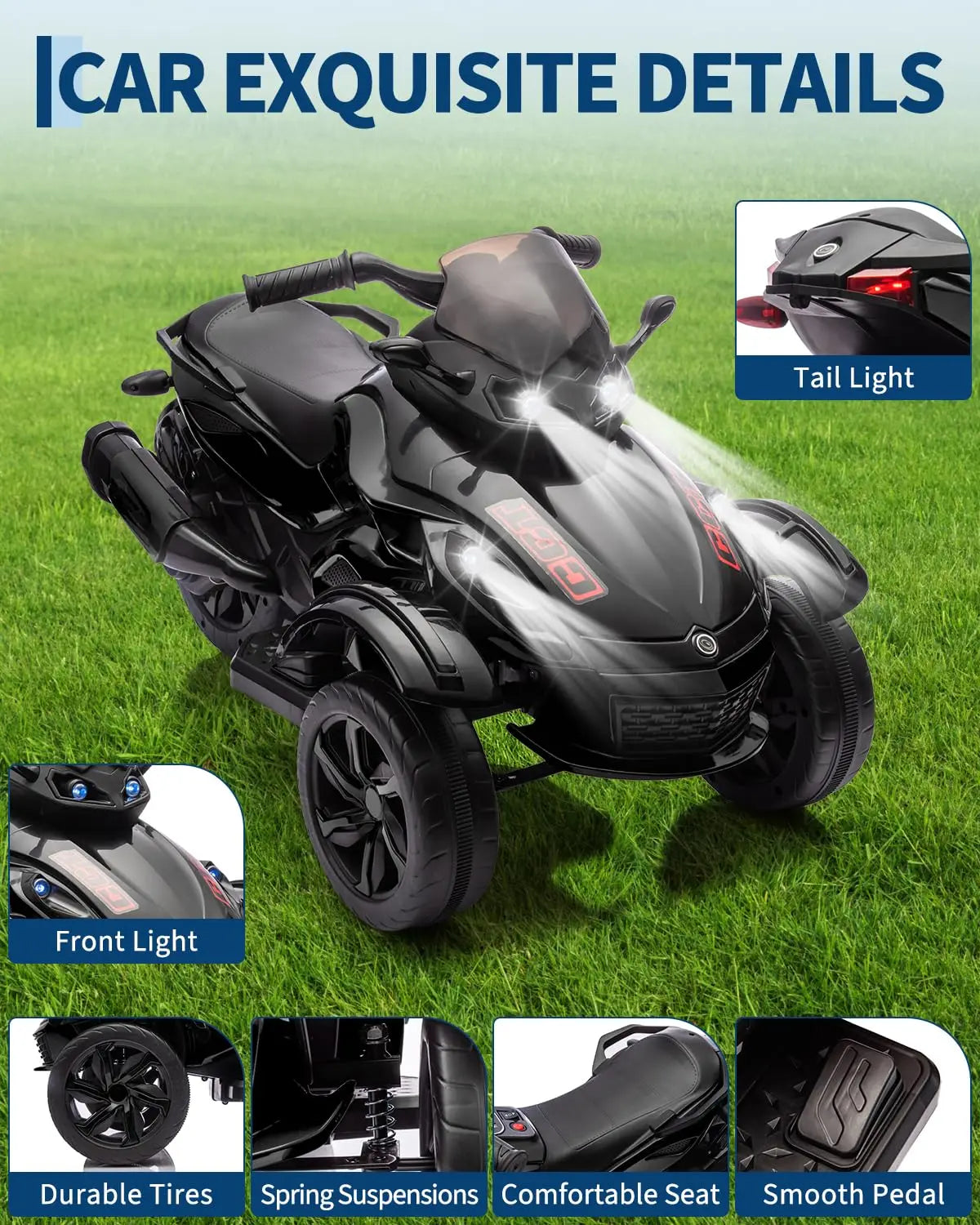12V Dual Motor Kids Electric Ride-On Car – Up to 4 MPH, Music & Colorful Lights, 66 lbs Capacity, Outdoor 3-Wheels Battery Powered Vehicle Toy Tricycle for Boys & Girls Ages 3-6