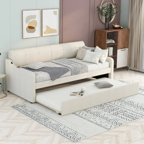 Beige Upholstered Daybed with Convertible Trundle and USB Charging Port