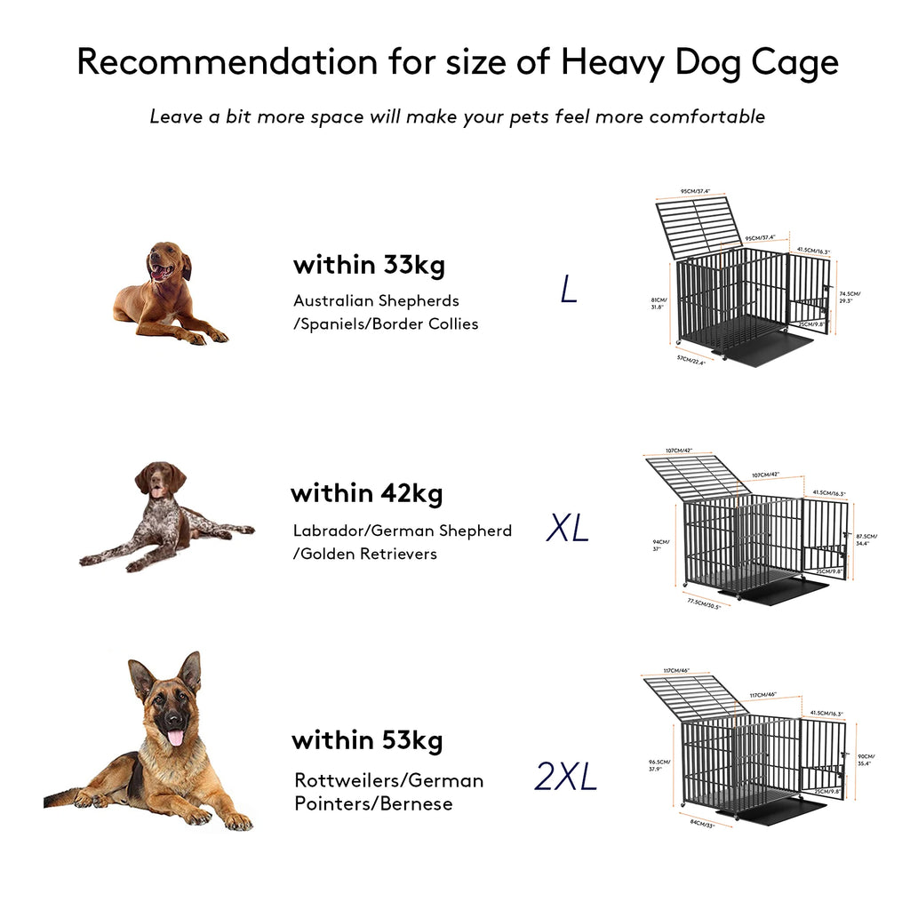 XXL XL Large Heavy Duty Dog Crate Strong Pet Cage Tear Resistant Square Tube Metal Kennel Playpen with Lockable Wheels and Tray