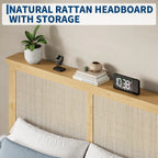 Boho Style Rattan Bed Frame with Natural Headboard & RGB LED Lights - Storage Headboard, Plain Wood Platform, Noise-Free Slats, No Box Spring Needed - Full