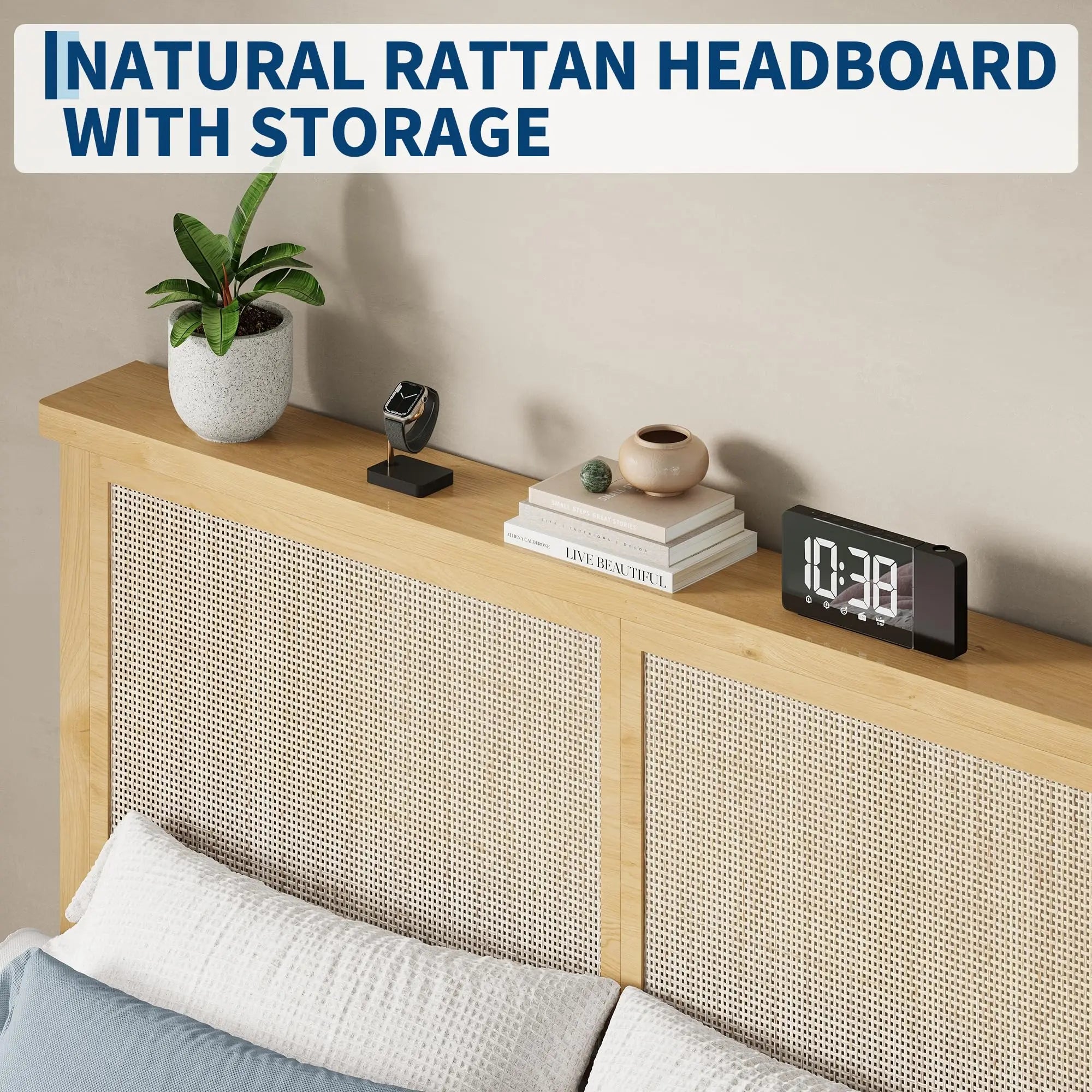 Boho Style Rattan Bed Frame with Natural Headboard & RGB LED Lights - Storage Headboard, Plain Wood Platform, Noise-Free Slats, No Box Spring Needed - Full