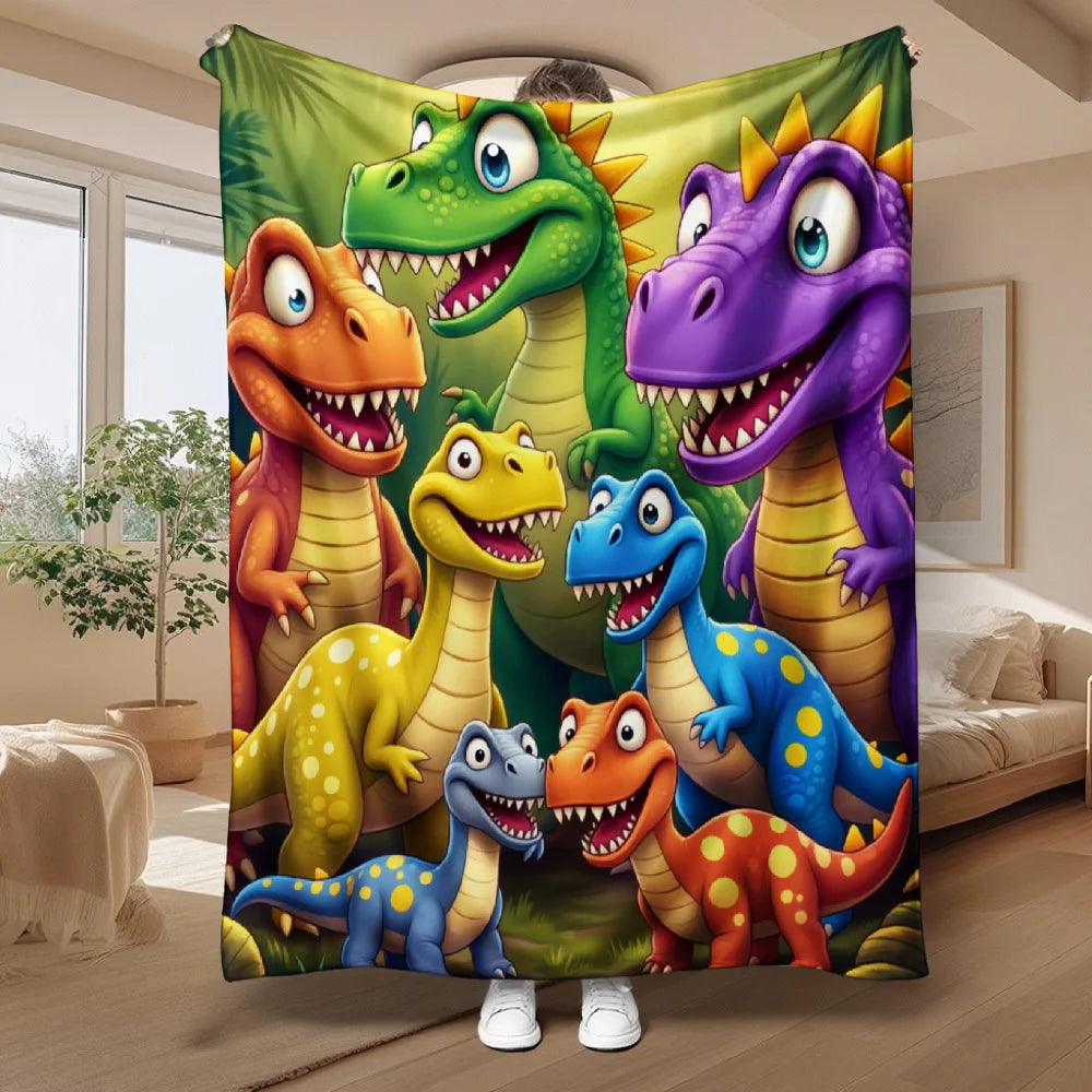 Adorable Dinosaur-Print Flannel Blanket, Soft Warm All-Season for Bed or Sofa, Cozy Comfort Throw