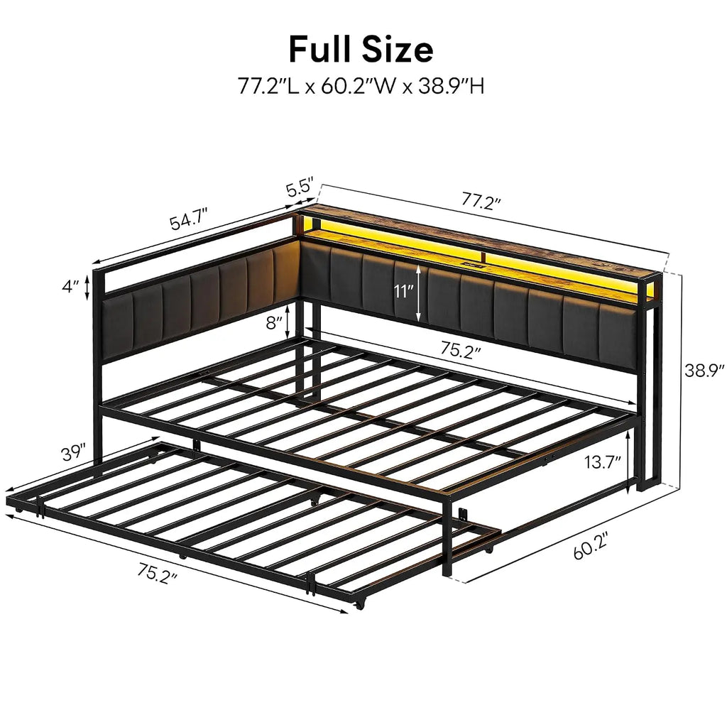 Corner Full Bed Frame with Trundle, Upholstered Storage Headboard & LED Lights, Full Size Daybed with Charging Station,, Custom