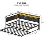 Corner Full Bed Frame with Trundle, Upholstered Storage Headboard & LED Lights, Full Size Daybed with Charging Station,, Custom