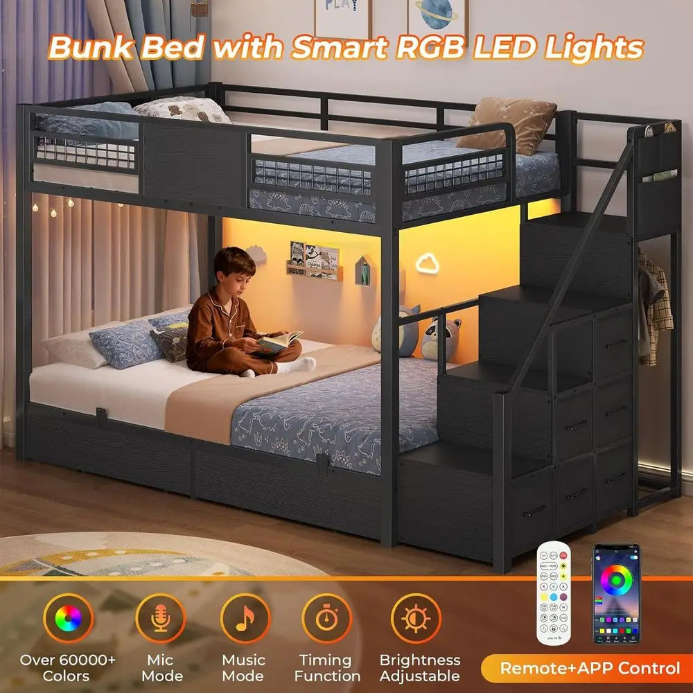 BTHST Bunk Bed Twin Over Twin with Stairs, LED Lights Twin Bunk Bed with 2 Storage Ders & 6 abric Ders, Metal Twin Lot Beds with