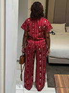 Women Stand Collar Short Sleeve Printed Wrap Top And Wide Leg Pants For Casual Streetwear Resort And Daily Occasion