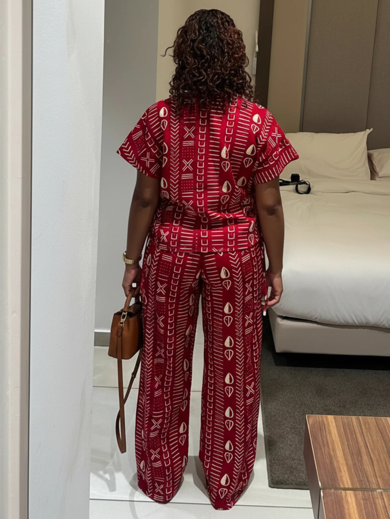 Women Stand Collar Short Sleeve Printed Wrap Top And Wide Leg Pants For Casual Streetwear Resort And Daily Occasion