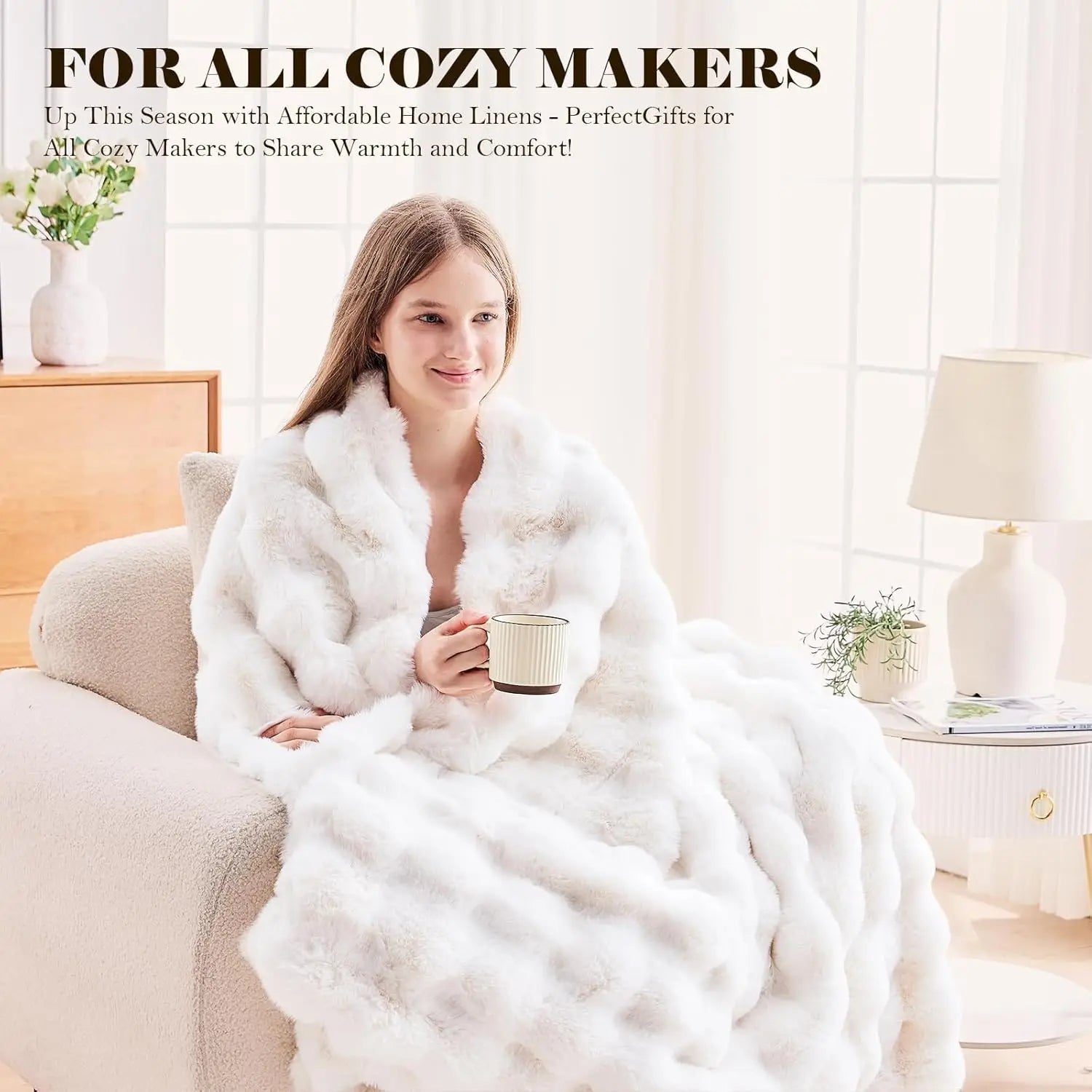Faux Fur Throw Blanket for Couch, 1000 GSM Cozy Fuzzy Fluffy Soft Plush Thick Bubble Sherpa Blanket for Sofa Bedroom Living Room