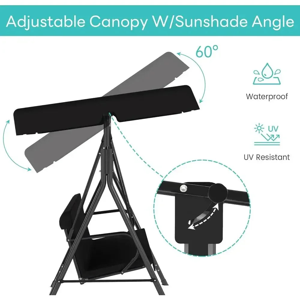 Adjustable Outdoor Patio Swing Chair for 3 Adults, Ideal for Deck, Lawn, Backyard, or Porch, Black