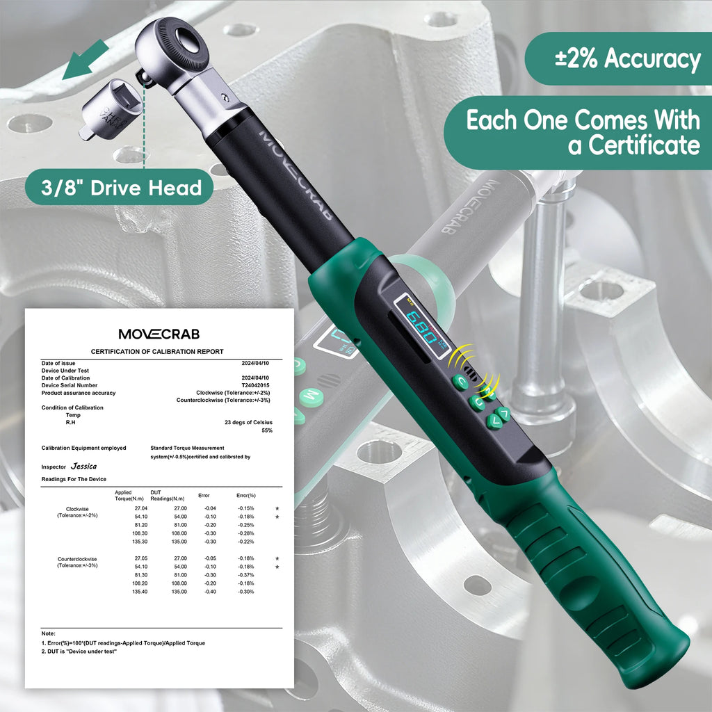 MoveCrab Digital Torque Wrench 6.8-135Nm Adjustable Precision Click Torque Wrench Set with Interchangeable Heads (Ratchet & Open-End), Ft-lb/Nm Dual Scale